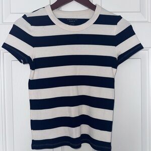 American Eagle White and Navy Striped Crewneck Tee